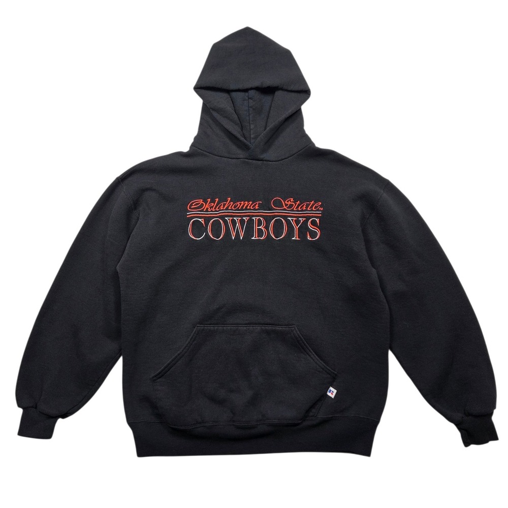 Vintage Russell Athletic Hoodie Mens L Black Oklahoma State Cowboys Made in USA